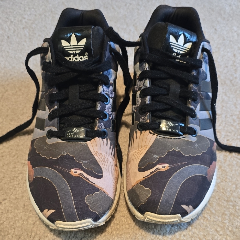 Adidas Black and Gray Sneakers with Crane Pattern